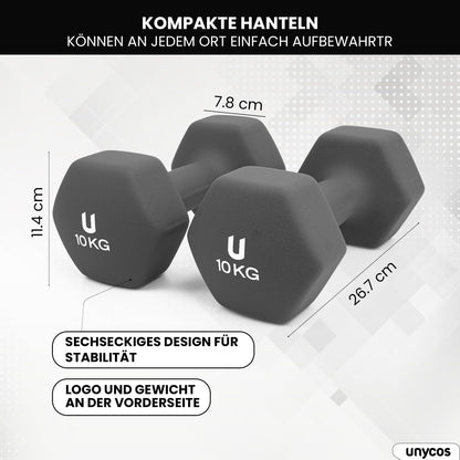 unycos - Neoprene dumbbells【2 sets, 10 kg】Hexagon dumbbells, Non-slip for women and men, Anti-roll design, Gym, Strength training, Pilates, Home fitness equipment (Dark grey)