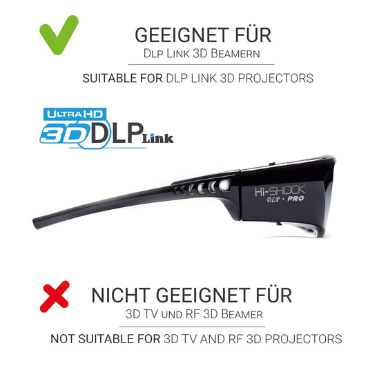 2X Hi-Shock DLP Pro 7G Black Diamond | DLP Link 3D glasses for all DLP 3D projectors | Compatible with Optoma, Ace, Benq, Vivitec, Viewsonic, LG [Latest Gen. | Shutter glasses | 96-144 Hz | 39g | Rechargeable battery]