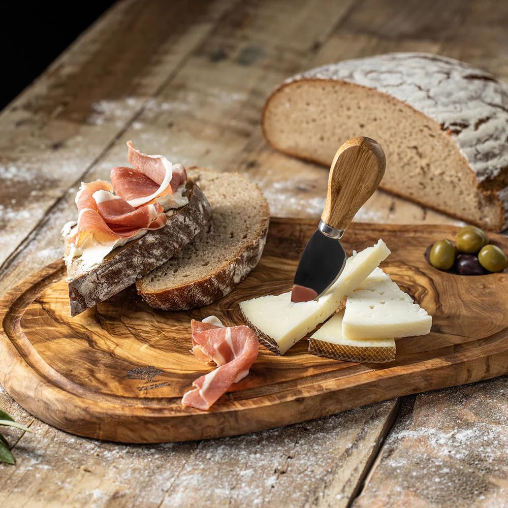 SOLTAKO Olive Wood Steak Board, Large Cheese Board, Handmade Serving Plate, Wooden Charcuterie Board, Rustic Cutting Board with Juice Groove, Kitchen Accessory (1, 15-17 Inches)