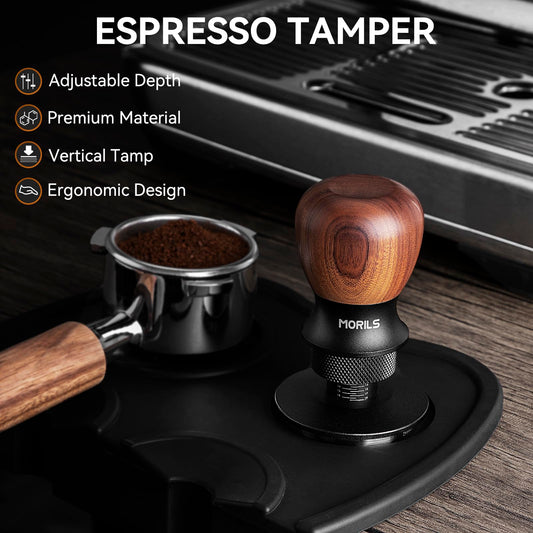 MORILS Coffee Tamper 58.5mm, Walnut Espresso Tamper, adjustable depth, Stainless Steel base Tamper fit for all 58.5mm Portafilters, Espresso Accessories