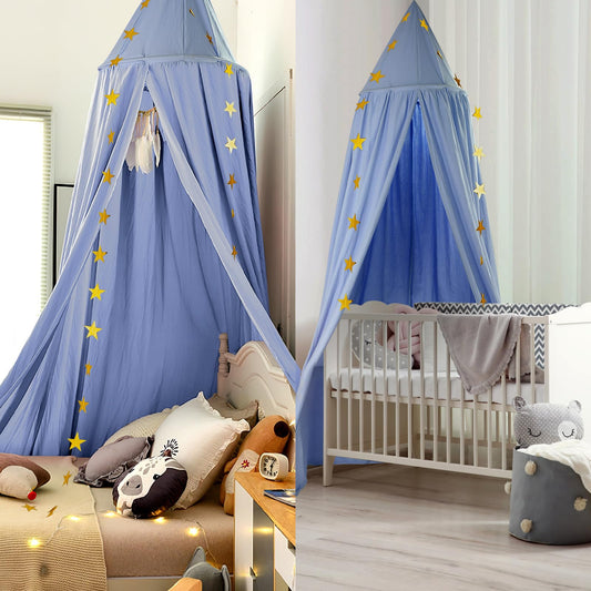 CeeKii Canopy Nursery Bed Canopy, Bed Curtain Baby Room Decor Mosquito Net for Princess Play Tents Baby Bed Bedroom Decoration with Star Garland (Blue)