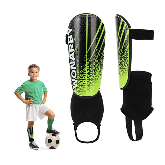 Shin guards for kids football ankle protection men - Soccer gear with adjustable velcro strap - Lightweight durable non-slip for boys girls ages 2 to 18 - Green XS