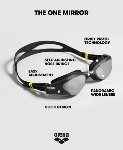 ARENA The One Mirror Adult Unisex Swim Goggles, Swim Goggles with Large Mirrored Lenses, Anti-fog Treatment, UV Protection, Self-adjusting Nose Bridge, Orbit-Proof Seals