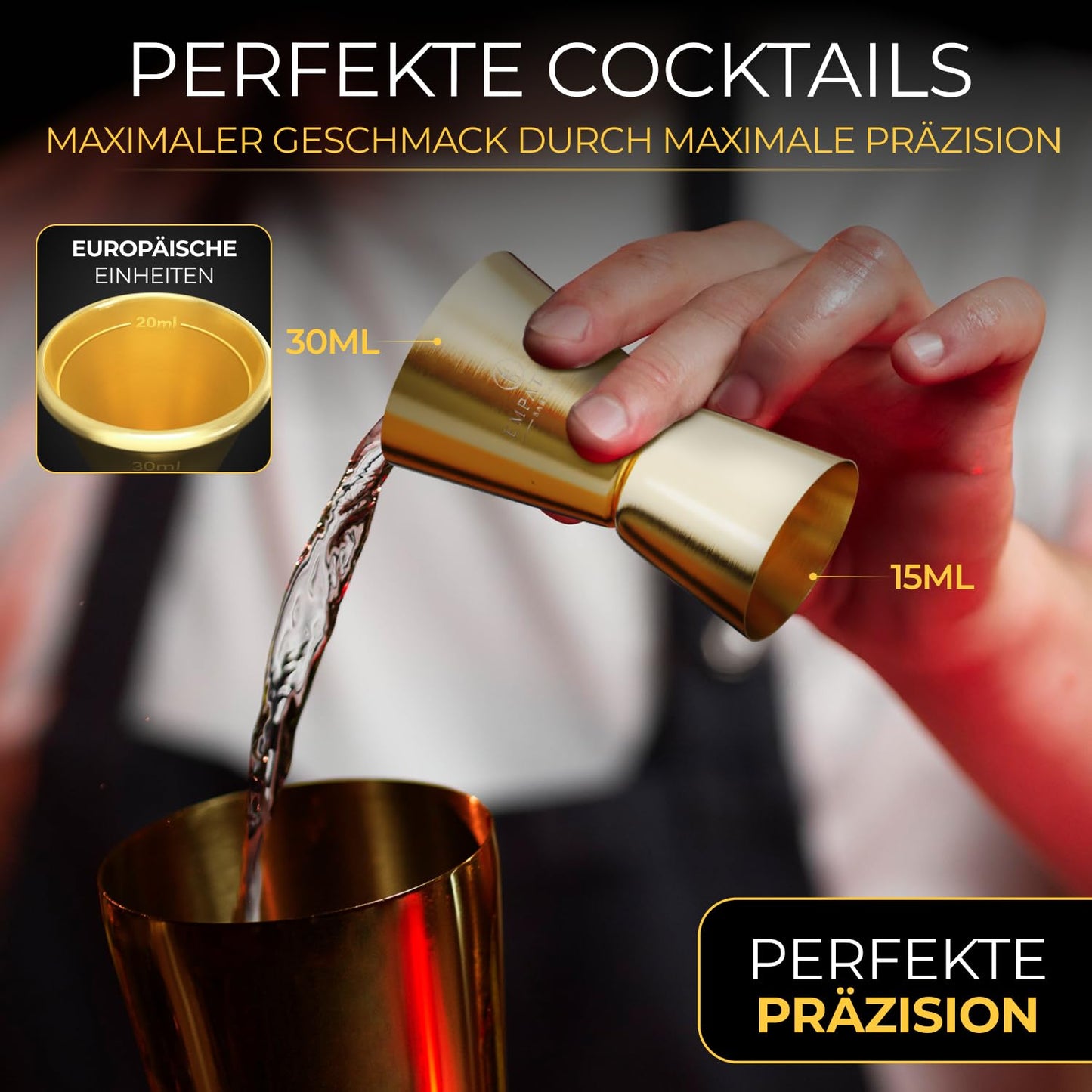 Empation Cocktail Shaker Gold, 8-piece cocktail set - 825ml stainless steel Boston shaker, minimalist cocktail accessories, bar set for beginners & pros, great as a gift.