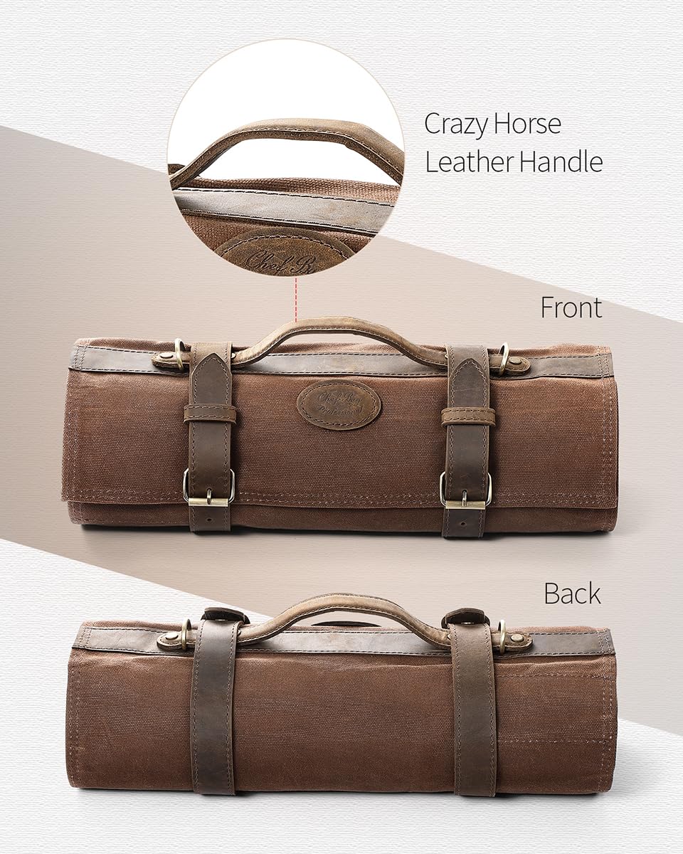 XINZUO knife bag, chef knife case, 12 slots, 16oz waxed canvas and Crazy Horse leather, can hold kitchen tools, portable knife tool bag roll bag (bag only)