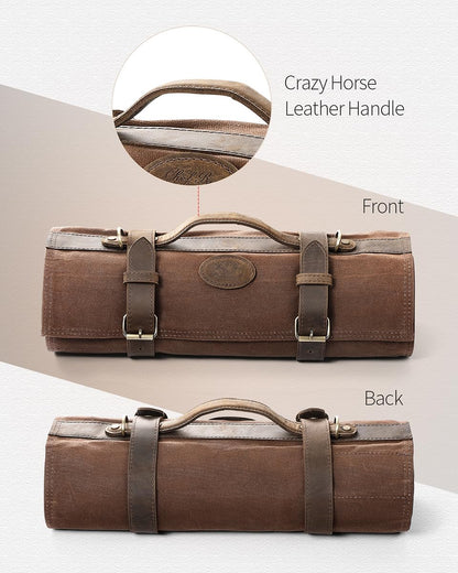 XINZUO knife bag, chef knife case, 12 slots, 16oz waxed canvas and Crazy Horse leather, can hold kitchen tools, portable knife tool bag roll bag (bag only)