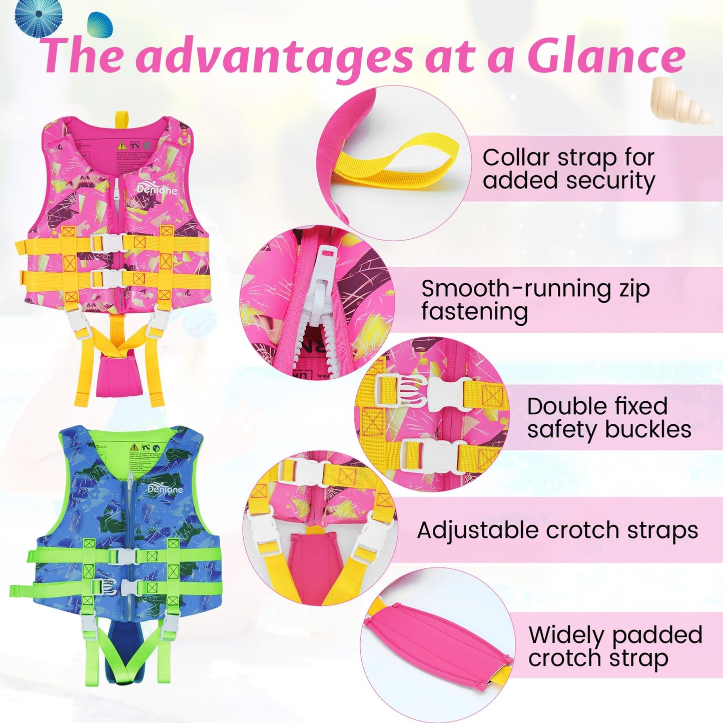 Swim vest for kids, neoprene vest perfect for toddlers. Ideal swim aid for bathing suit assistance in swim training. Adjustable safety straps for girls and boys - Pink, L (7-9 years)