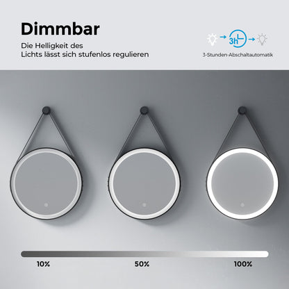 Illuminated bathroom mirror from Heilmetz, 50cm in diameter. LED light with 6500K cool white color, dimmable with touch switch. Round mirror with black frame and removable strap.