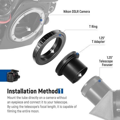 NEEWER Variable 1.25" Telescope Camera Adapter and 1.25" Extension Tube Set, compatible with Nikon DSLR cameras and telescope eyepiece for prime focus and eyepiece projection astrophotography.