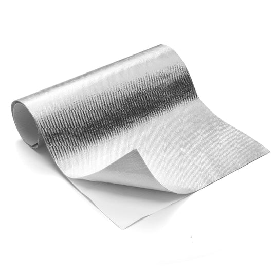 FLASLD Aluminized heat shield mat, thermal barrier, self-adhesive back, heat blanket, 100 x 100 cm, fiberglass insulation, reflective material, high temperature protection.