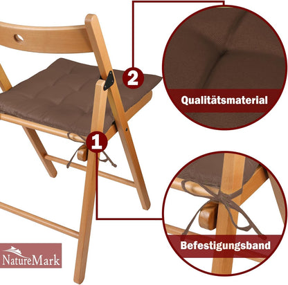 NatureMark 4-piece set chair cushions with ties 40x40 cm - Filled seat cushions, suitable for outdoor & indoor use - Chocolate brown