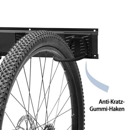 Mimoke bike wall mount adjustable for vertical storage of e-bikes, mountain bikes, and road bikes. Holds 6 bikes and helmets.