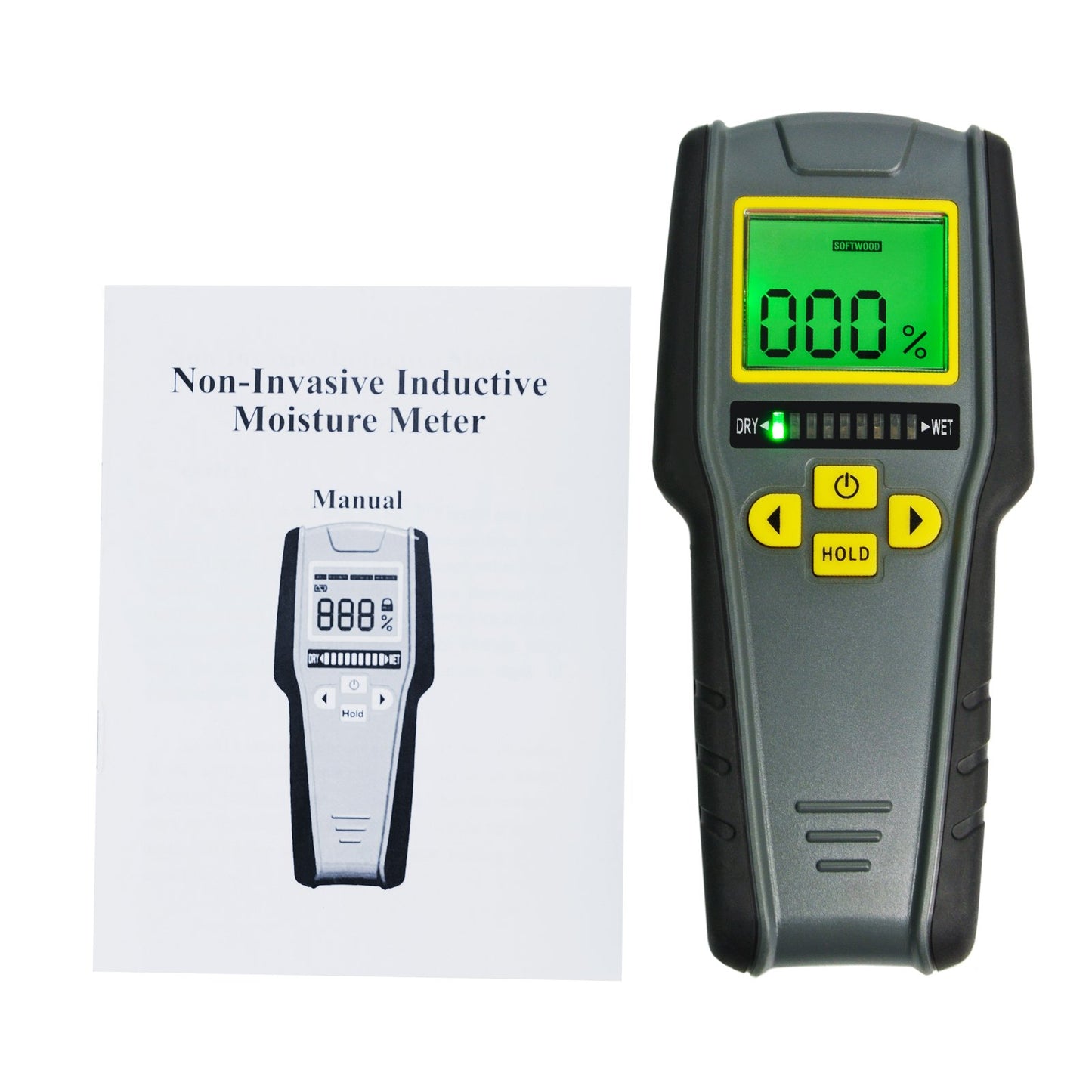 4-in-1 moisture meter without pins with digital LCD display featuring tricolor graphics for drywall, masonry, softwood, and hardwood with auto calibration & alarm.