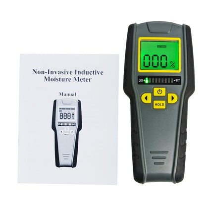 4-in-1 moisture meter without pins with digital LCD display featuring tricolor graphics for drywall, masonry, softwood, and hardwood with auto calibration & alarm.