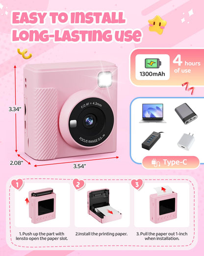TIATUA Kids Camera Instant Camera, 2.4 Inch Instant Camera for Kids with 32G Card and Photo Paper Printing, 1080P HD Digital Camera for Kids, Gifts for Boys and Girls 3-12 Years (Pink)