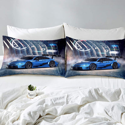 Race car duvet cover sets for twin beds, boys' speed sports automobile bedding set includes comforter cover and 1 pillowcase, perfect for manly bedroom decor in blue and gray.
