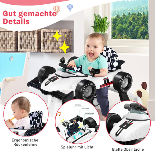 COSTWAY 4 in 1 Baby Walker, foldable with adjustable height & speed. Features music box, lights, and wheels. Suitable for babies from 6 months old, can hold up to 12kg. Color: White.