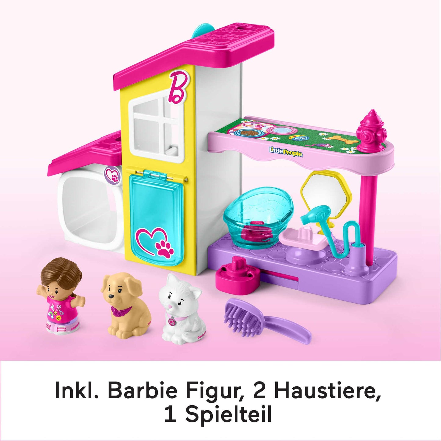 Fisher-Price Little People Barbie Toddler Playset and Animal Station with Spa and musical sounds, 4 pieces for kids ages 18 months and up, HJW76