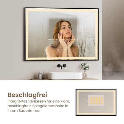 EMKE LED bathroom mirror 120x70cm, black with touch controls, dimmable, anti-fog, clock, memory function, and neutral light 4300K. Energy-saving wall mirror IP44.