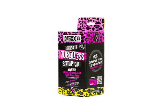 Muc-Off Ultimate Tubeless Kit setup for tubeless-ready bikes, road/gravel/CX 60 mm - includes rim tape, bike patch kit, tubeless valves, and tire sealant.