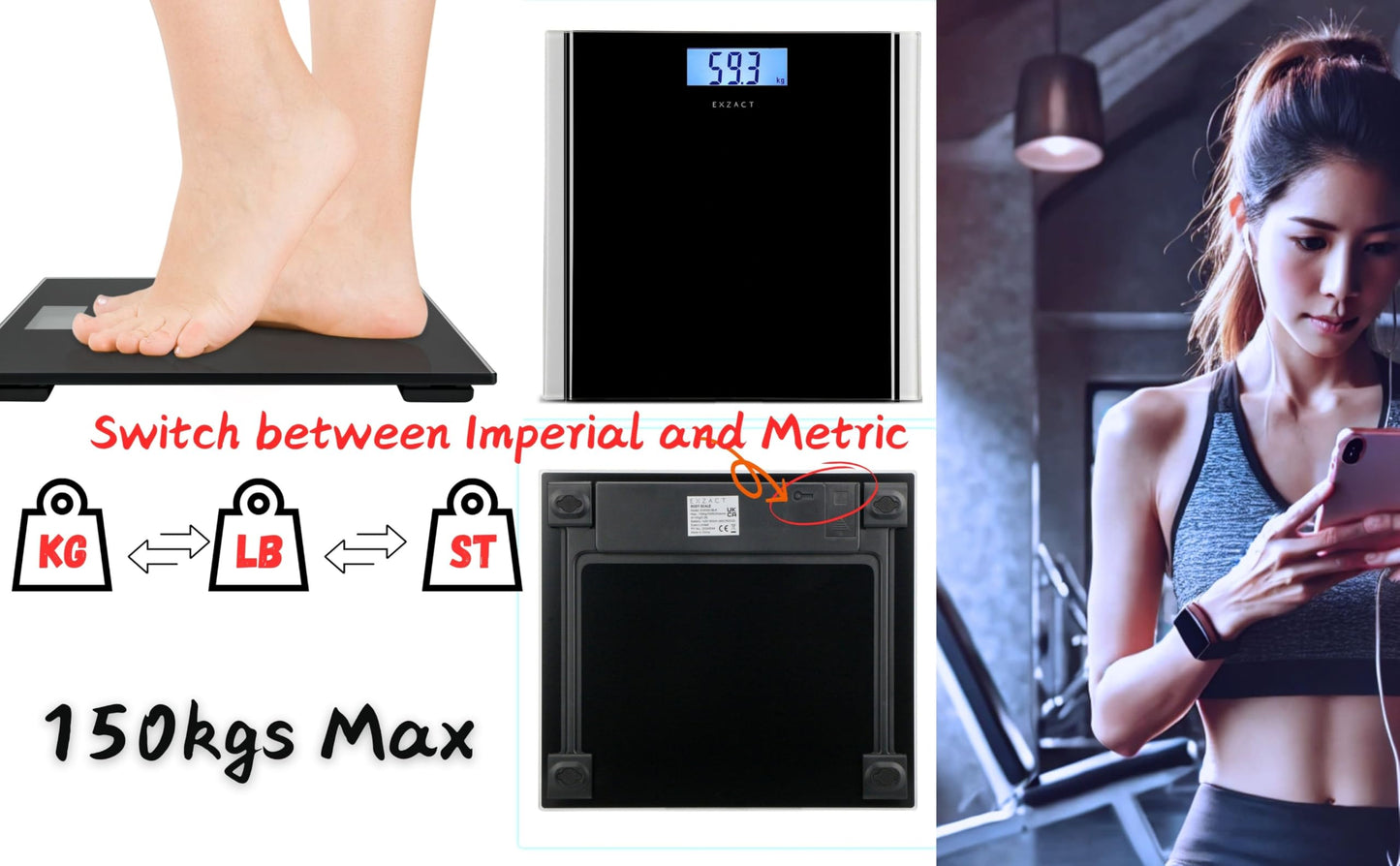 Exact Digital Personal Scale - Electronic Bathroom Scale, Large Capacity 180kg, High Precision, LCD Display with Backlight (White)