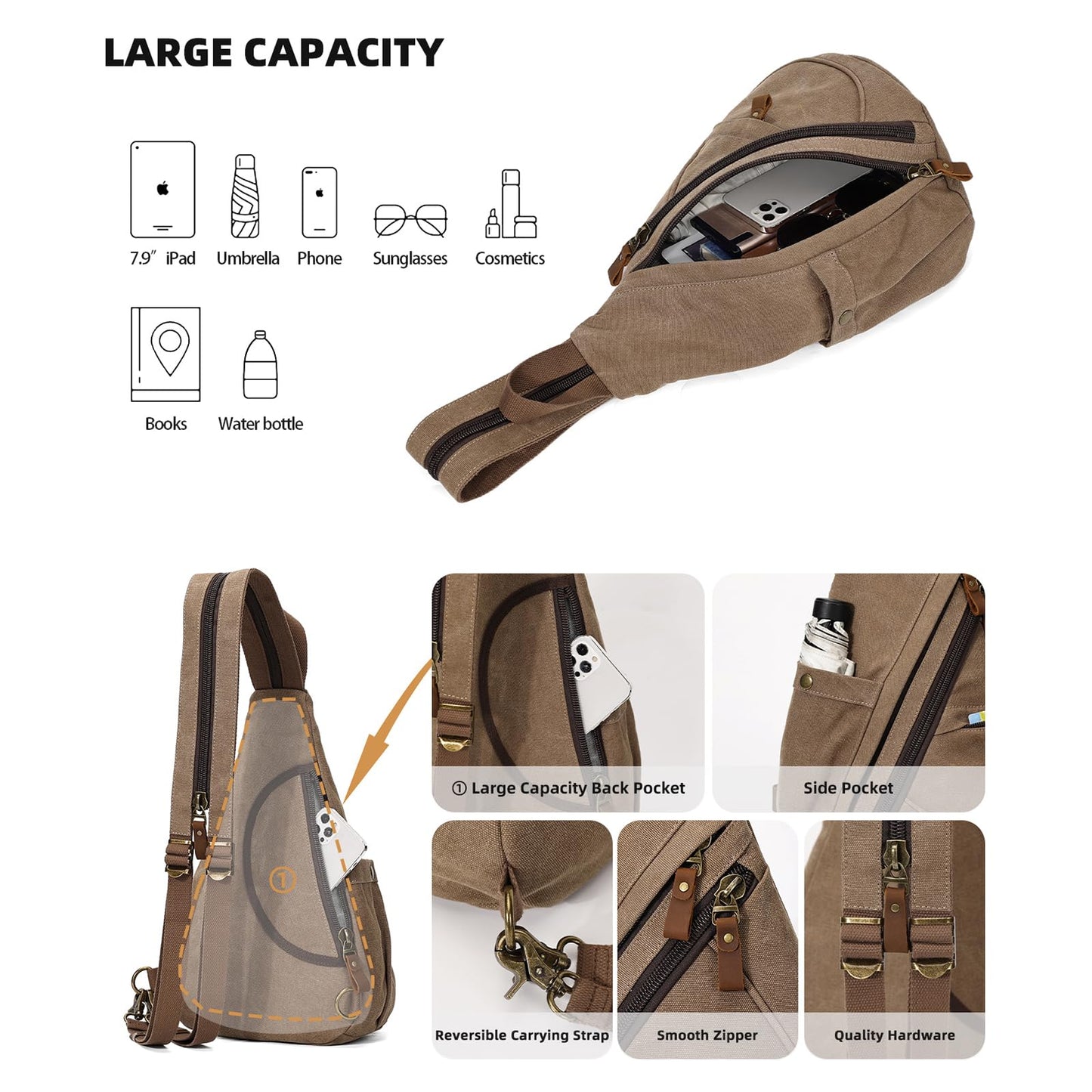 KL928 Canvas Sling Bag Backpack for women and men - shoulder bag crossbody bag with adjustable shoulder strap perfect for outdoor sports, hiking, cycling, mountaineering, traveling.