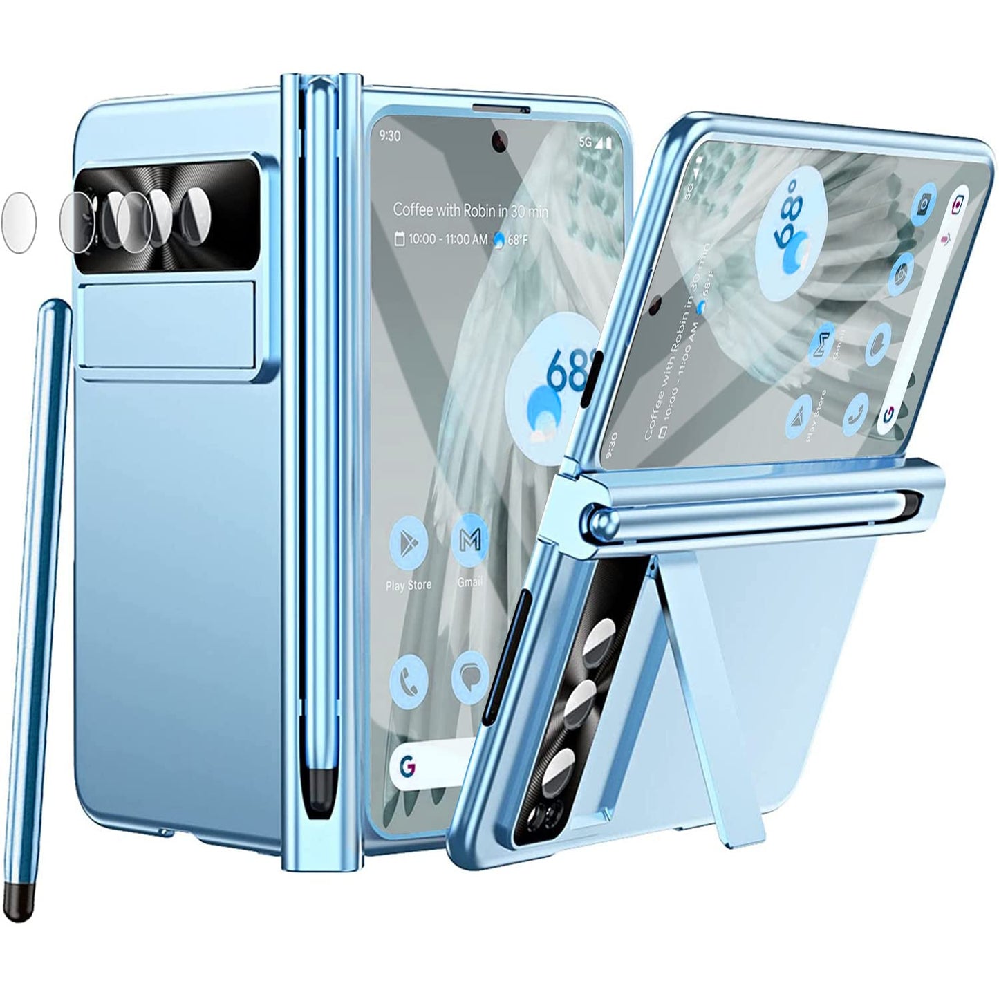 Miimall phone case Compatible with Google Pixel Fold, Tough PC Material, Protective Cover with Screen Protector, Camera protection, Hinge protection, Stand + Pen, Blue