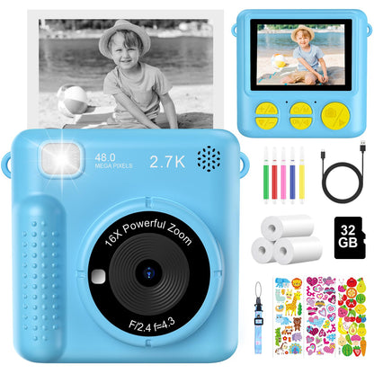 Children's camera instant camera, 2.4 inch 1080P screen instant camera for kids with 32GB card, 3 rolls of printing paper & colored pens, digital camera for kids toy, gift for children 3-12 years.