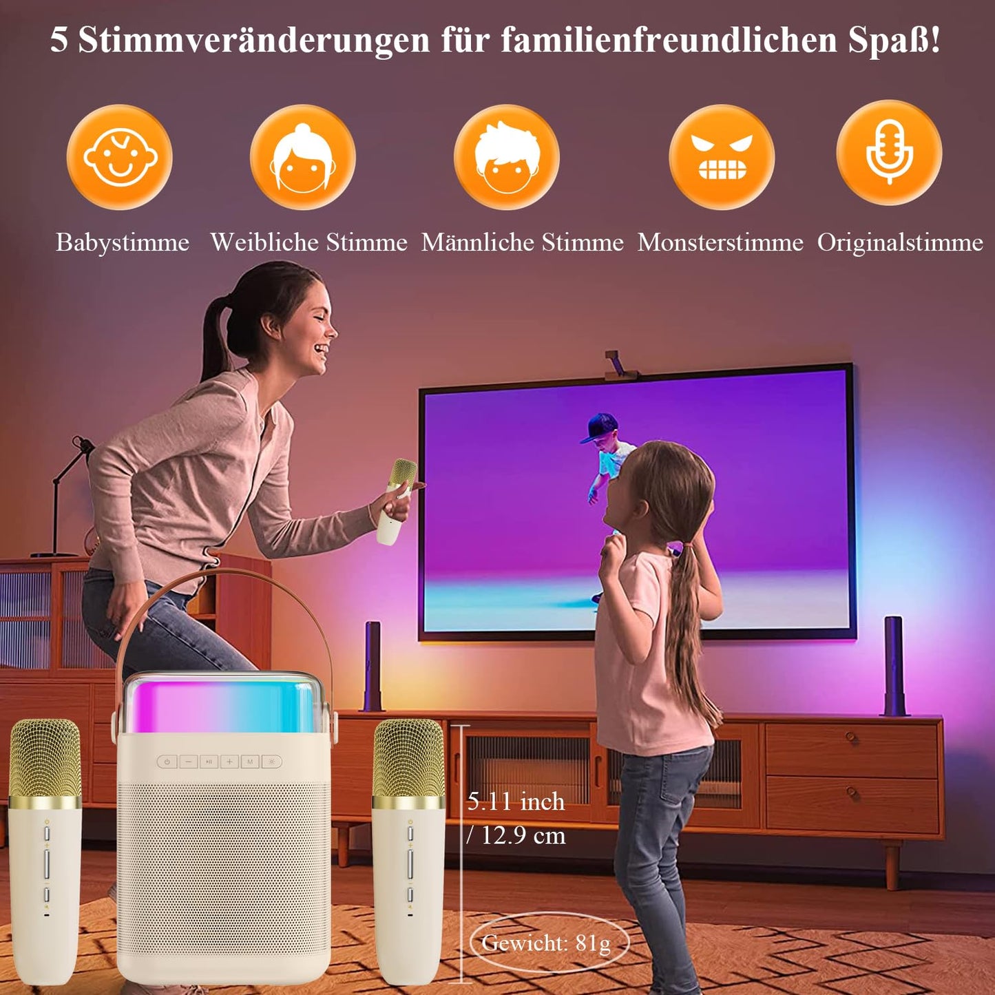 Karaoke machine with 2 wireless microphones, portable Bluetooth karaoke speaker with LED lights for home party, gift for birthday, Christmas, toy for girls and boys.