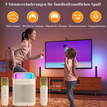 Karaoke machine with 2 wireless microphones, portable Bluetooth karaoke speaker with LED lights for home party, gift for birthday, Christmas, toy for girls and boys.