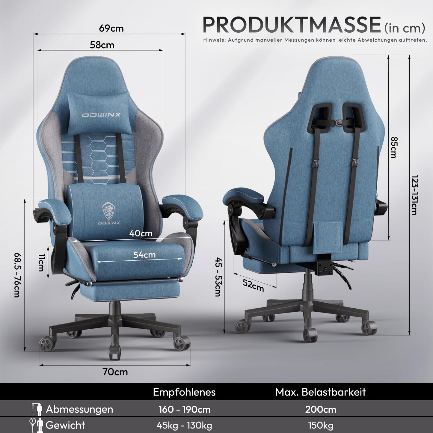 Dowinx Gaming Chair Bag Spring Cushion, Breathable Office Chair made of High-Quality Fabric, Ergonomic PC Chair with Headrest, Rotating Desk Chair with Footrest (Blue)