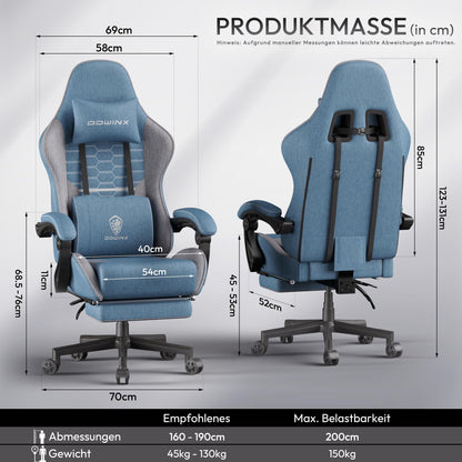 Dowinx Gaming Chair Bag Spring Cushion, Breathable Office Chair made of High-Quality Fabric, Ergonomic PC Chair with Headrest, Rotating Desk Chair with Footrest (Blue)
