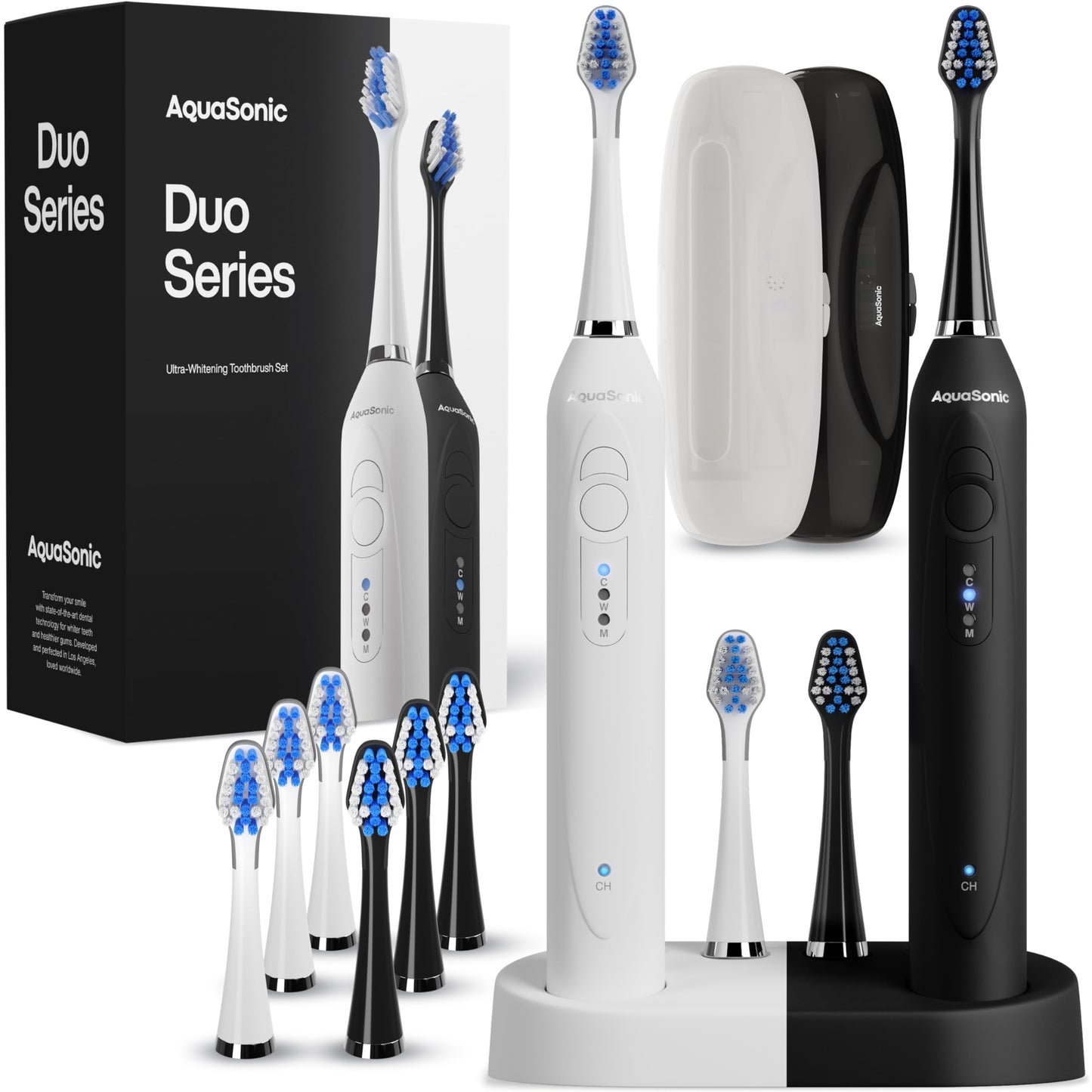 Aquasonic Duo Dual Handle Ultra Whitening Electric Toothbrushes with 40,000 VPM, wireless charging - 10 Dupont brush heads and 2 travel cases included White