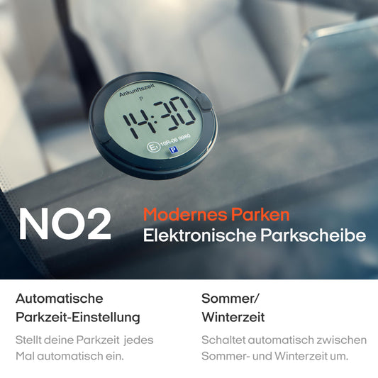 OOONO P-DISC NO2 - Electronic parking disc with approval for the car - Automatic digital parking disc electrically approved by the KBA according to the Road Traffic Act (StVO) - Electric parking clock approved for the car