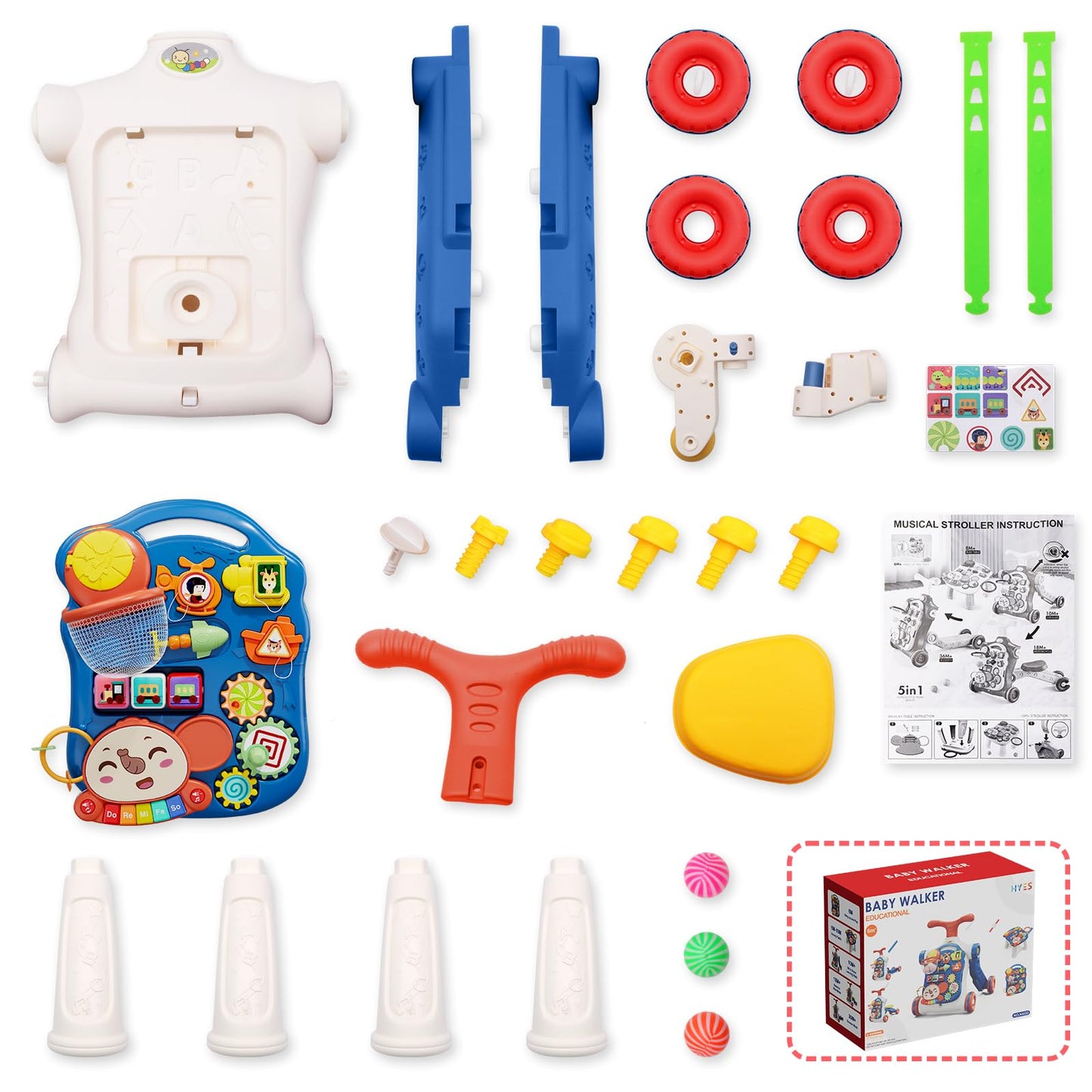 HYES 5 in 1 walker, baby play and walking aid with music and detachable playboard, baby walker toy, for children from 3-30+ months, blue