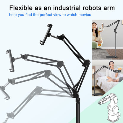 Tablet floor stand, tablet holder with heavy-duty base 【3rd Upgrade】, 360-degree rotatable with stable metal arm for iPads, tablets, phones, or other devices with 4.7 to 13-inch screens.