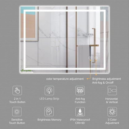 Dripex bathroom mirror with LED lighting, touch switch, dimmable, 3 adjustable light colors. Fog-free 60 x 80 cm illuminated bathroom mirror.