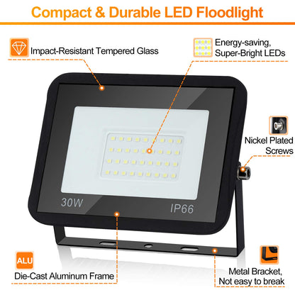 Tubiaz LED Floodlight Outdoor, 30W Floodlight Spotlight Waterproof IP66, Spotlight 230V, Super Bright Outdoor Floodlight 2550LM 6000K Cool White Lighting Outdoor Lamp (No Plug)