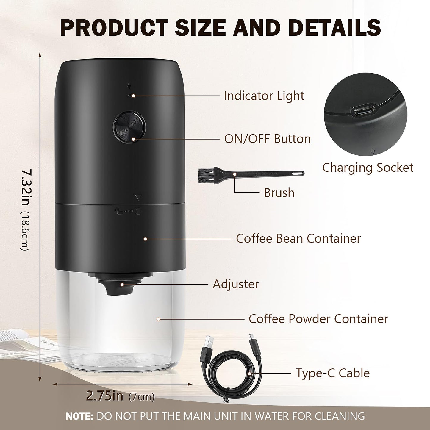 Wine loneliness coffee grinder, USB rechargeable electric coffee grinder with ceramic conical burr adjustable coarseness espresso coffee mill portable electric mills for coffee beans spices beans