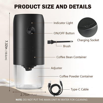 Wine loneliness coffee grinder, USB rechargeable electric coffee grinder with ceramic conical burr adjustable coarseness espresso coffee mill portable electric mills for coffee beans spices beans