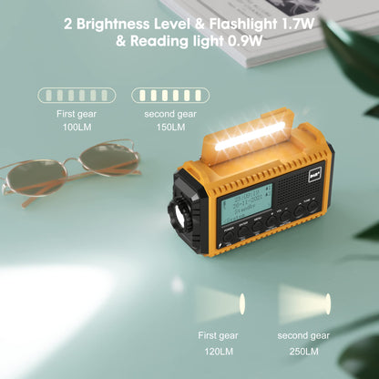 Crank radio with 5000mAh battery, portable solar radio with LED flashlight & reading light, DAB+ jobsite radio IPX4, emergency radio and SOS alarm. Suitable for hiking, camping, outdoor activities. Yellow DAB model.