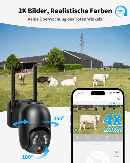 NUASI 4G LTE surveillance camera with SIM card Outdoor 18W Solar Panel, Wireless Solar PTZ surveillance camera Without WiFi Outdoor with PIR motion sensor, 2K color night vision, 355°/105°, 2-way audio, IP66