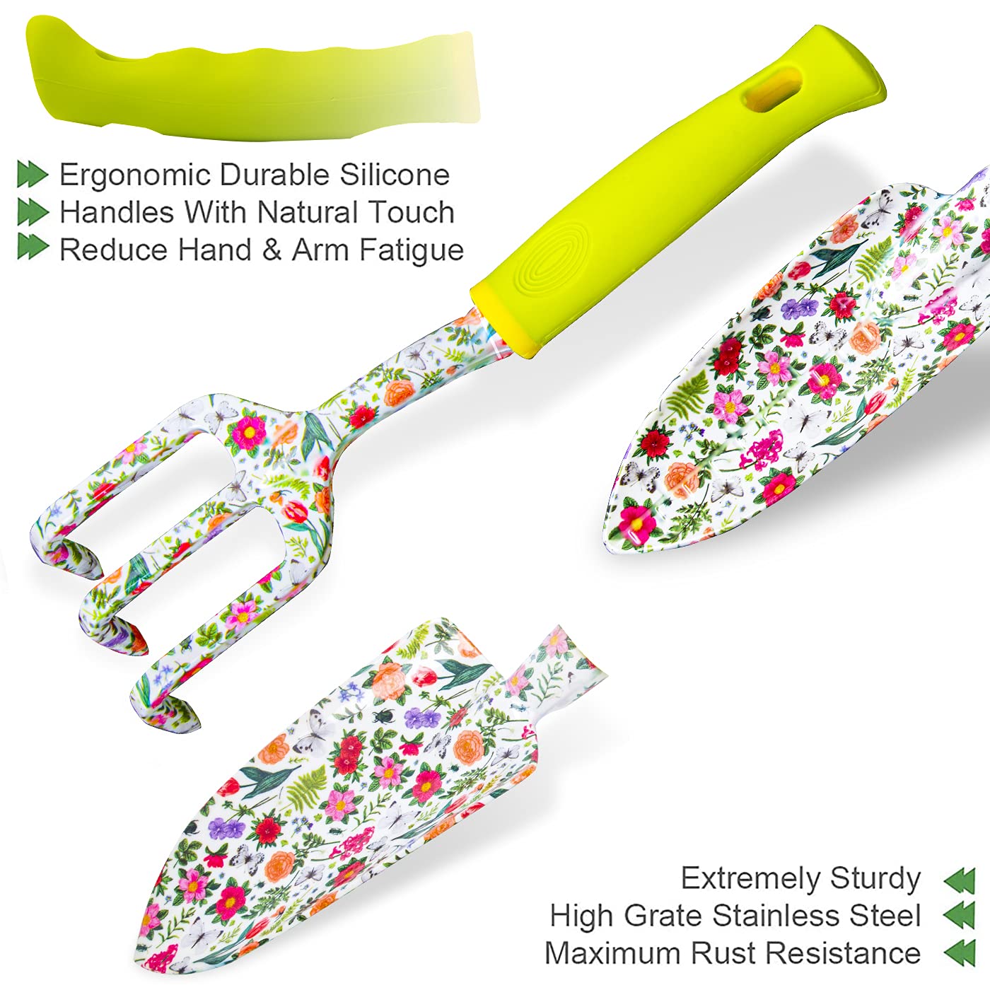 STANEW Garden Tools Set, High Performance Aluminum Gardening Supplies, Outdoor Gardening Gear for Women with Flower Print, 5 PCS including Trowel, Hand Rake, Transplanter, Gloves, Apron