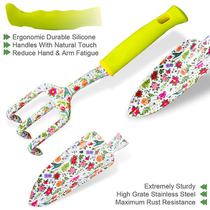 STANEW Garden Tools Set, High Performance Aluminum Gardening Supplies, Outdoor Gardening Gear for Women with Flower Print, 5 PCS including Trowel, Hand Rake, Transplanter, Gloves, Apron