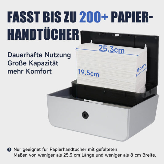 AIKE Paper Towel Dispenser Wall-Mounted without Drilling, compatible with Z/N-Fold and H2 for paper fold size 25.3 x 8 (cm) or smaller, holds 200 sheets of paper.