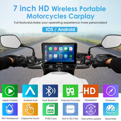 The Carpuride W702 Pro motorbike Carplay screen features intercom function, wireless CarPlay and Android Auto, portable waterproof 7-inch touchscreen, improved dual Bluetooth, navigation, compass.