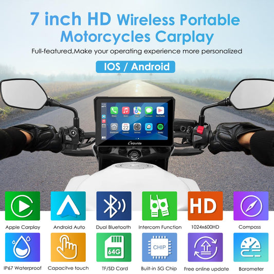 The Carpuride W702 Pro motorbike Carplay screen features intercom function, wireless CarPlay and Android Auto, portable waterproof 7-inch touchscreen, improved dual Bluetooth, navigation, compass.