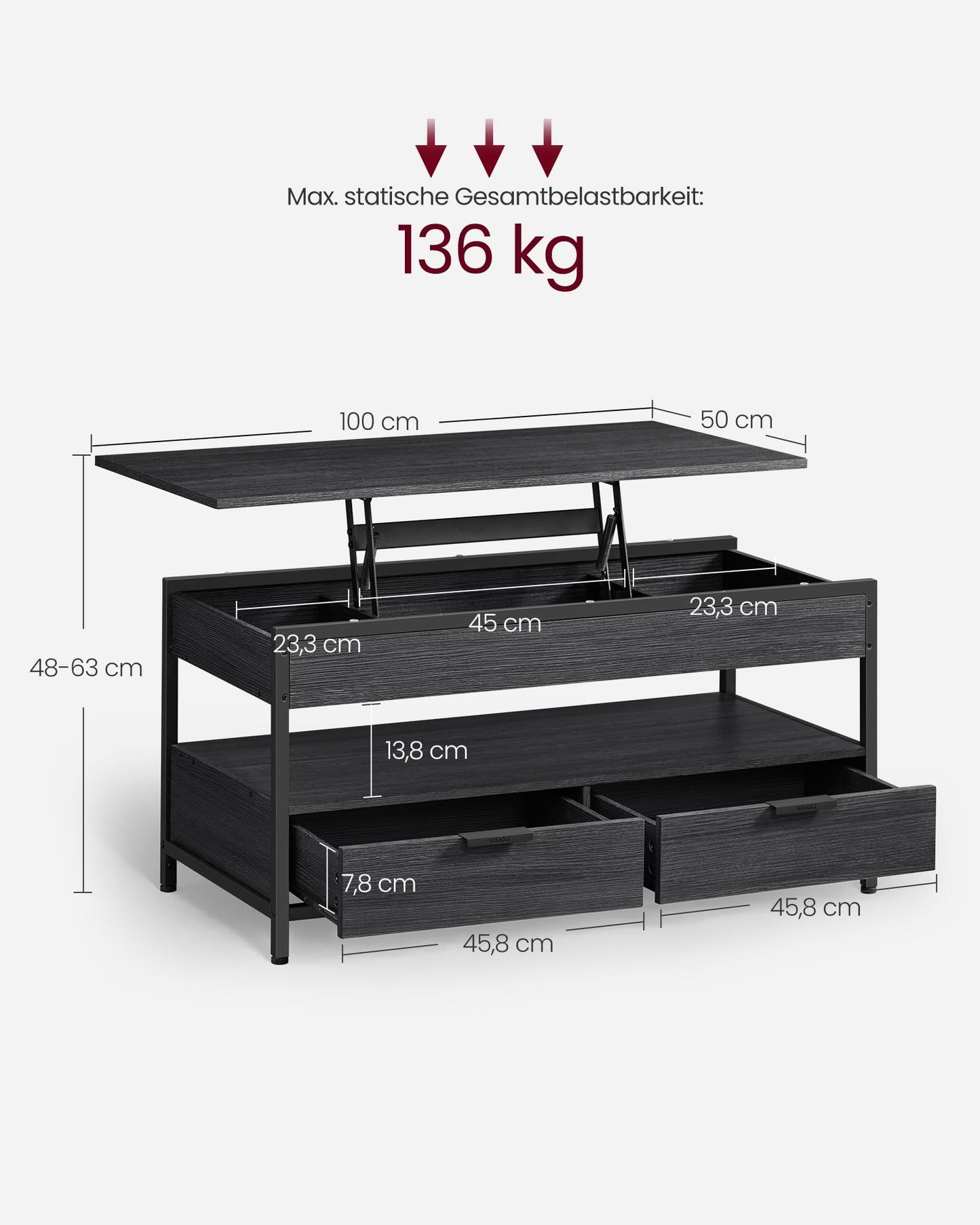 VASAGLE Coffee Table, Adjustable Height Living Room Table, with Drawers, Open Compartment, 50 x 100 cm, Anthracite Gray-Charcoal Black LCT209B22.