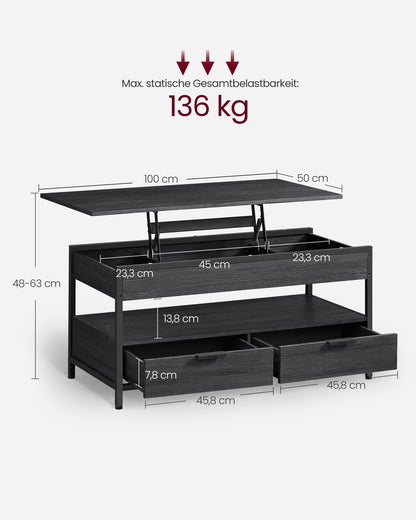 VASAGLE Coffee Table, Adjustable Height Living Room Table, with Drawers, Open Compartment, 50 x 100 cm, Anthracite Gray-Charcoal Black LCT209B22.