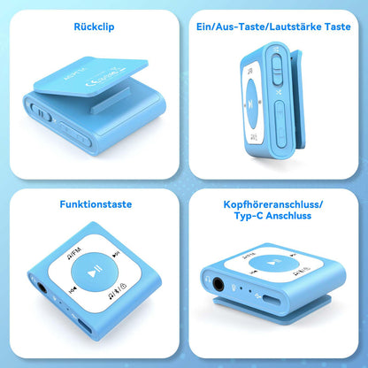 AGPTEK 64GB Clip MP3 Player with Bluetooth, Mini Portable Music Player with FM Radio, Shuffle, no phone needed for Sports, Blue